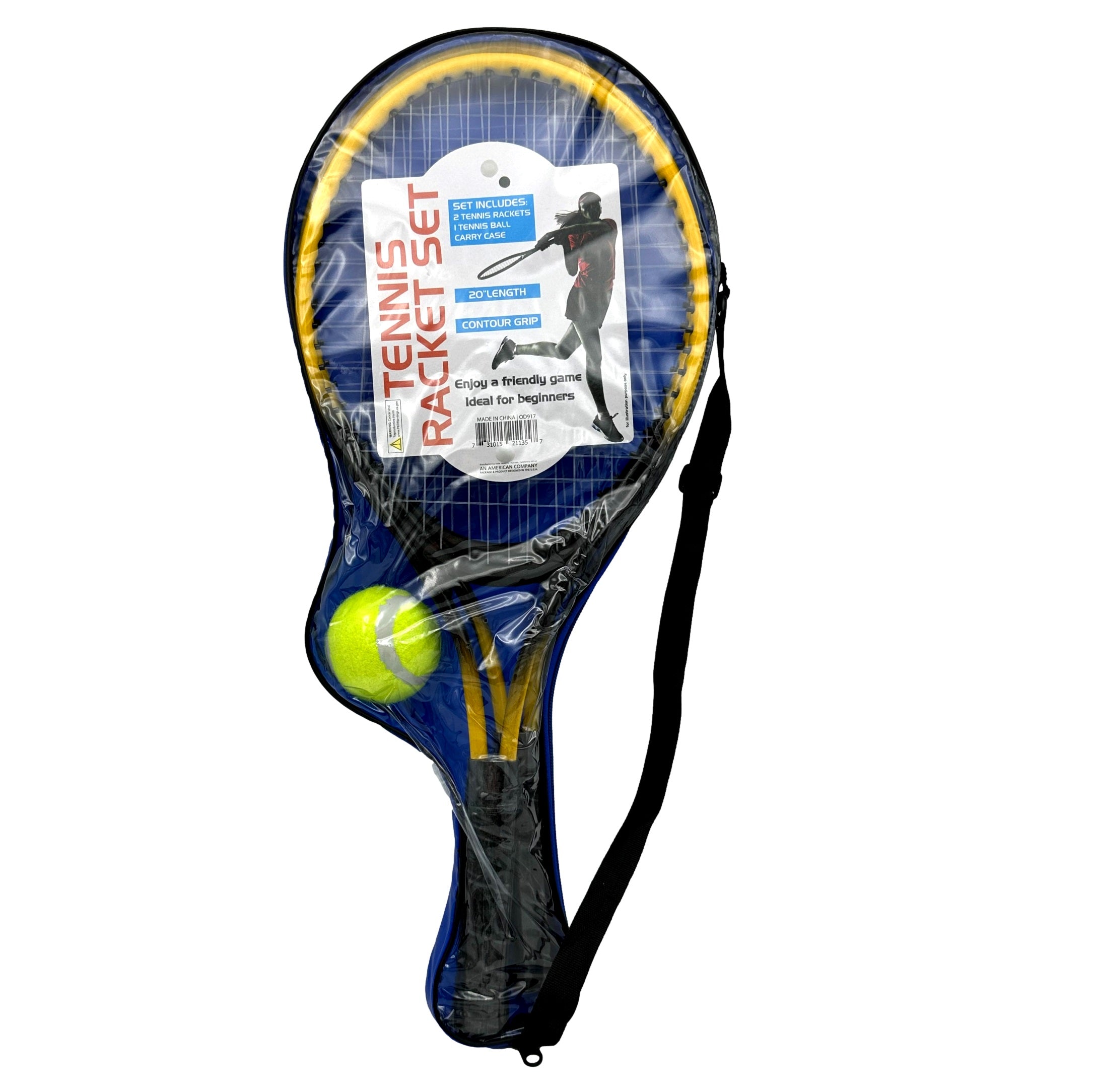 A packaged tennis racket set with yellow and blue rackets and a tennis ball inside a blue case with a black strap.